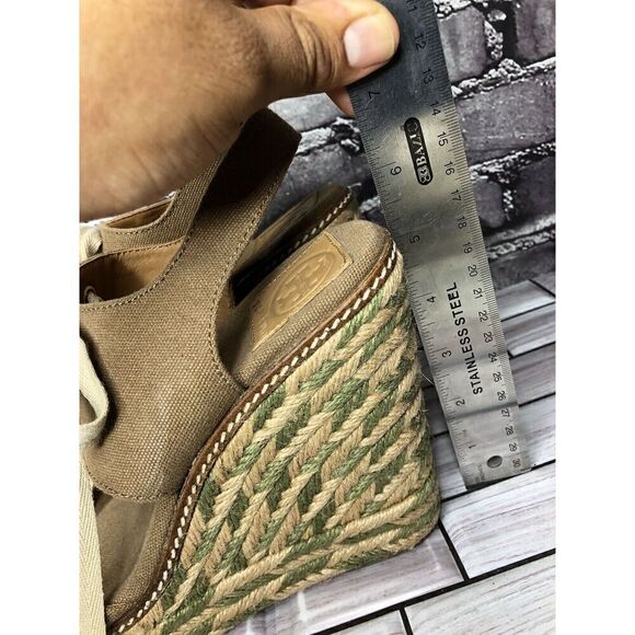 Tory Burch Taupe Canvas Textile Green Tan Espadrilles Wedge Women Sz 10M US/41EU - Picture 11 of 15